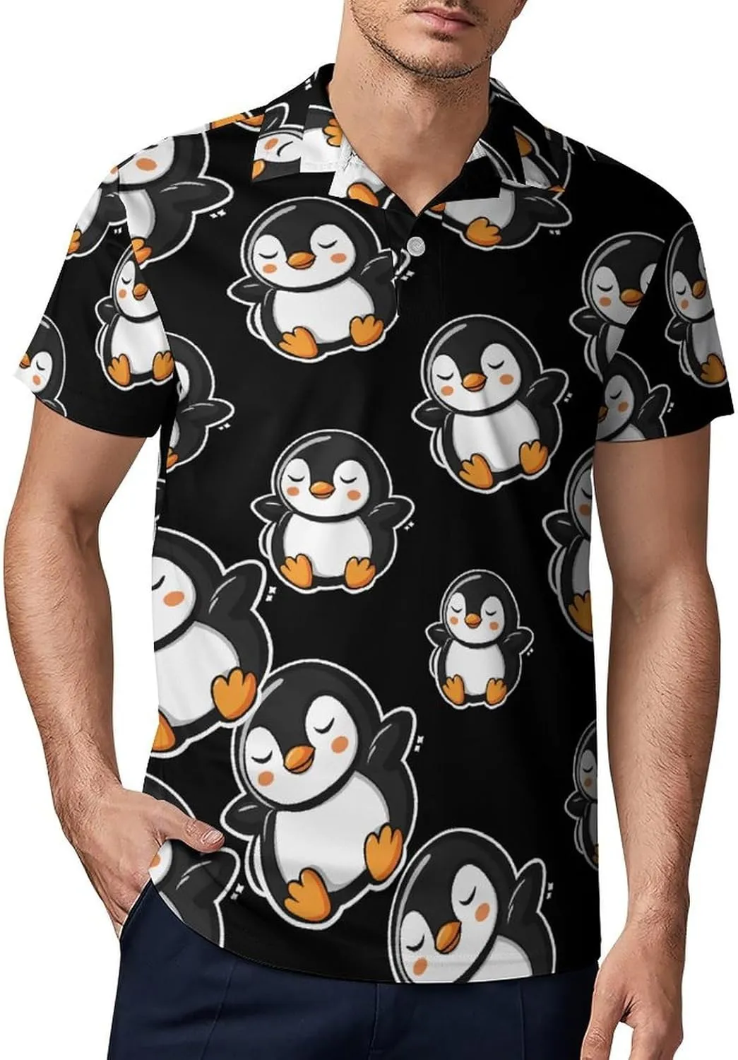 Cartoon Penguin Sleeping Men's Polo-Shirt Regular-Fit Short Sleeve Sports Quick Dry Golf Tennis T-Shirt