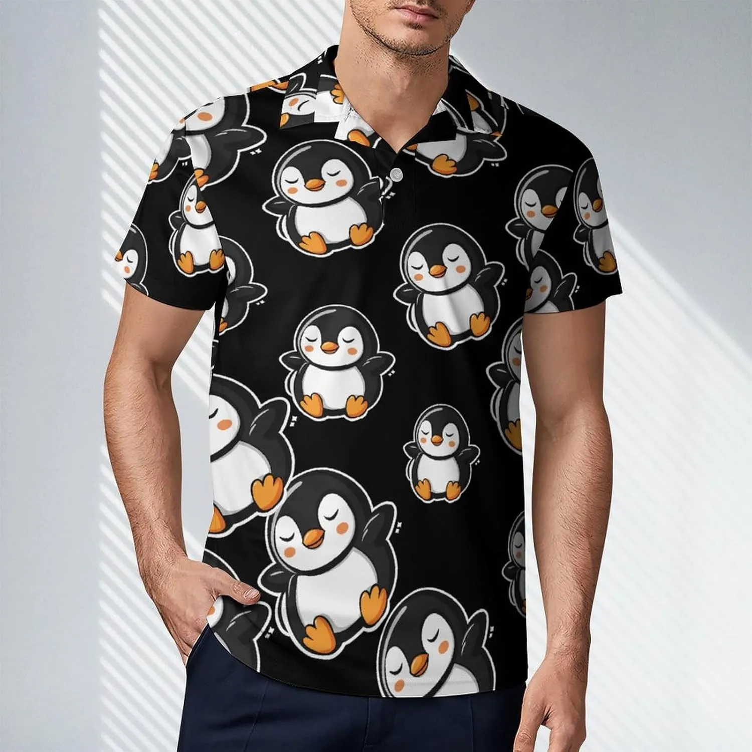 Cartoon Penguin Sleeping Men's Polo-Shirt Regular-Fit Short Sleeve Sports Quick Dry Golf Tennis T-Shirt