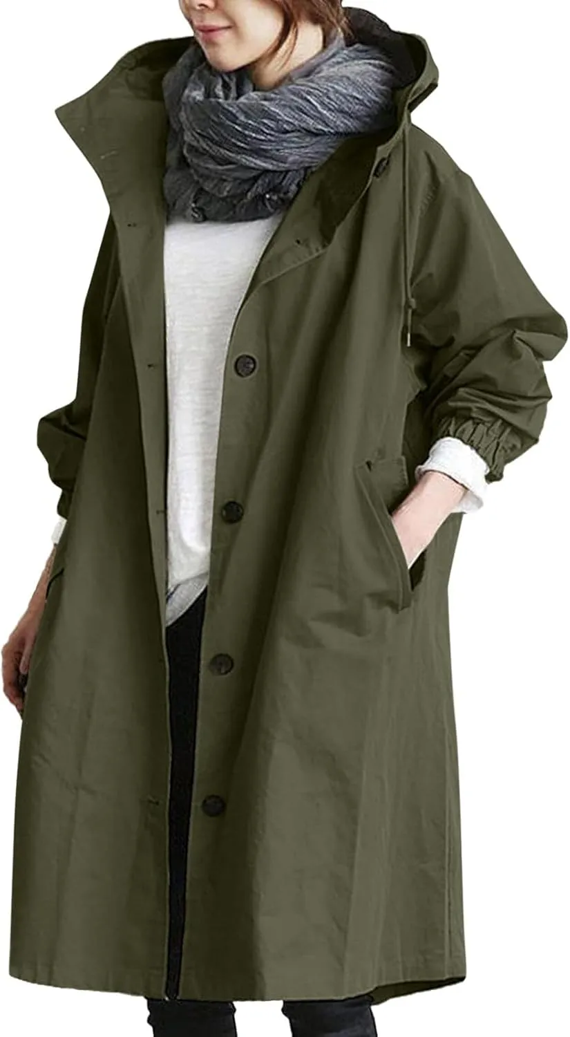 Casual Single Breasted Hooded Jacket, 2025 New Women's Winter Long Sleeve Lapel Button Up Long Coats