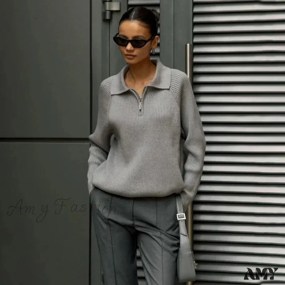 Casual Zipper Long Sleeve Pullover Solid Loose Warm Christmas Sweater