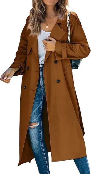 CHARTOU Women Trench Coat Mid Length Double Breasted Lightweight Jacket Windproof Long Duster Coat Overcoat