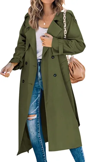 CHARTOU Women Trench Coat Mid Length Double Breasted Lightweight Jacket Windproof Long Duster Coat Overcoat