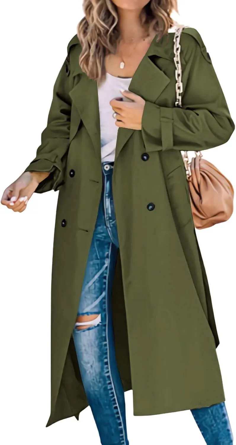 CHARTOU Women Trench Coat Mid Length Double Breasted Lightweight Jacket Windproof Long Duster Coat Overcoat