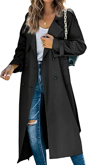 CHARTOU Women Trench Coat Mid Length Double Breasted Lightweight Jacket Windproof Long Duster Coat Overcoat