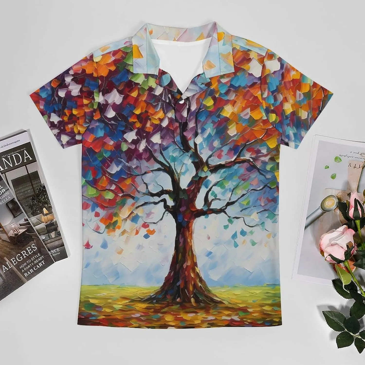 Colorful Tree Painting Men's Polo Shirt Short Sleeve Casual Athletic Quick Dry Golf T-Shirts