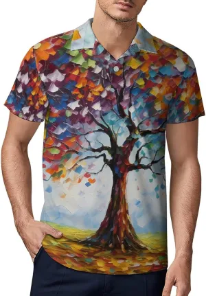 Colorful Tree Painting Men's Polo Shirt Short Sleeve Casual Athletic Quick Dry Golf T-Shirts