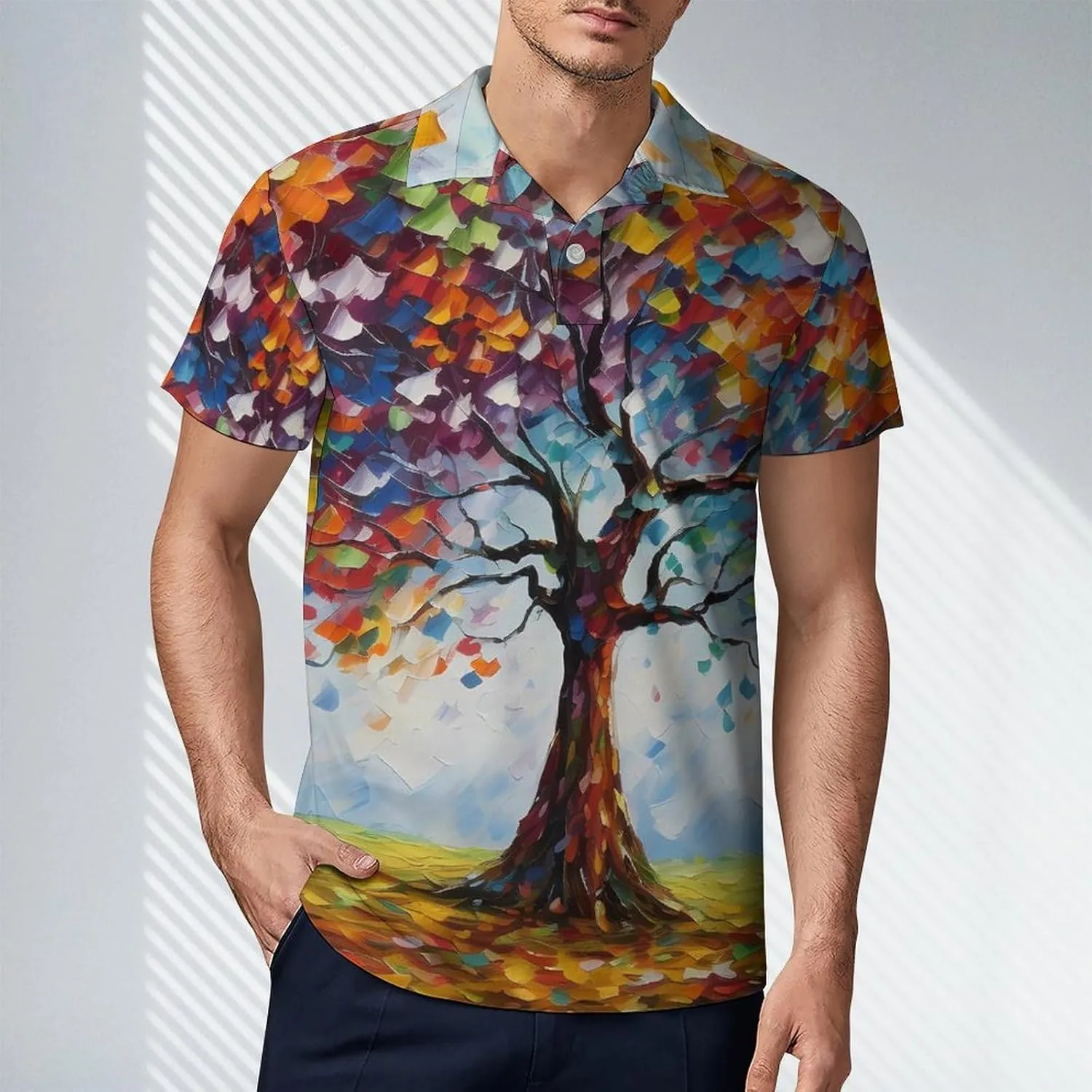 Colorful Tree Painting Men's Polo Shirt Short Sleeve Casual Athletic Quick Dry Golf T-Shirts