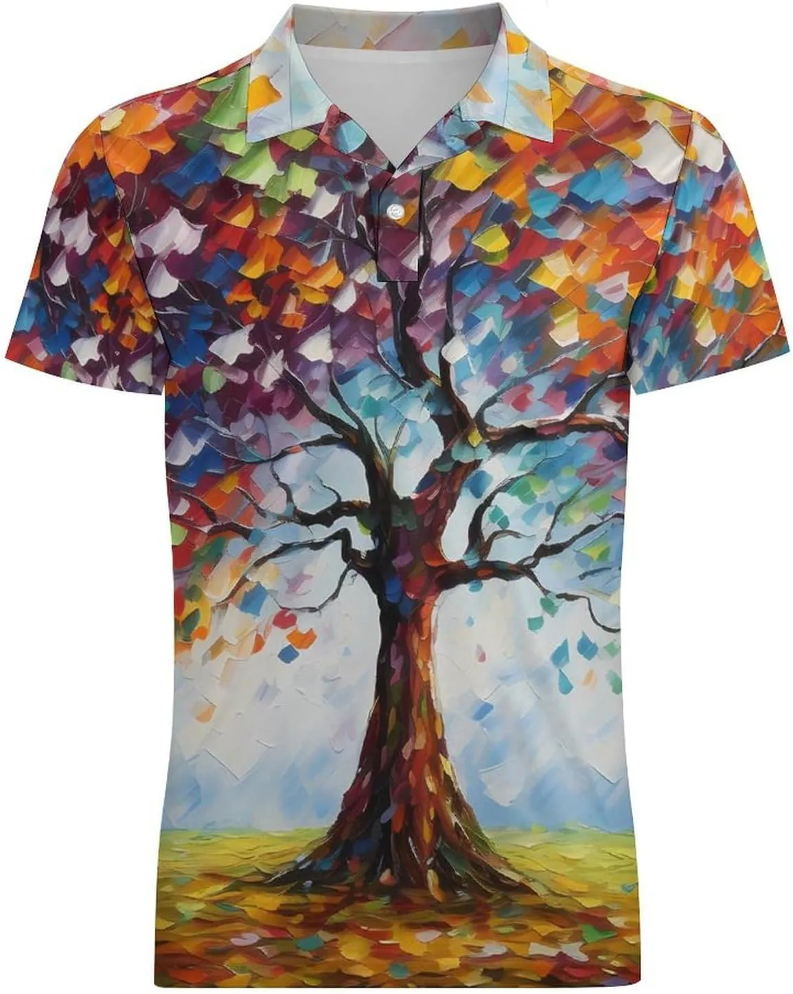 Colorful Tree Painting Men's Polo Shirt Short Sleeve Casual Athletic Quick Dry Golf T-Shirts