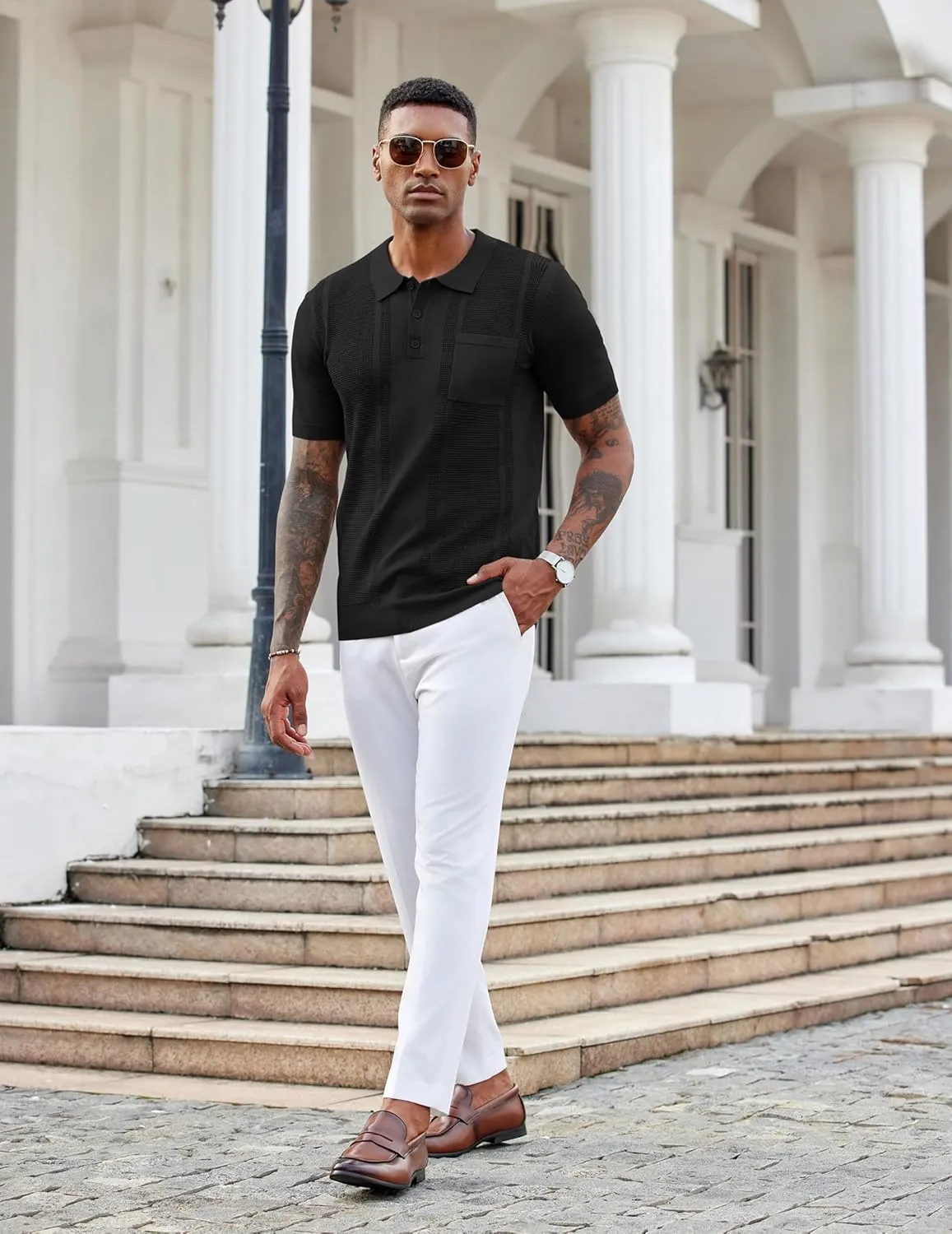 COOFANDY Knit Polo Shirts for Men Short Sleeve Textured Polo Shirt Slim Fit Summer Collared T Shirt with Pocket