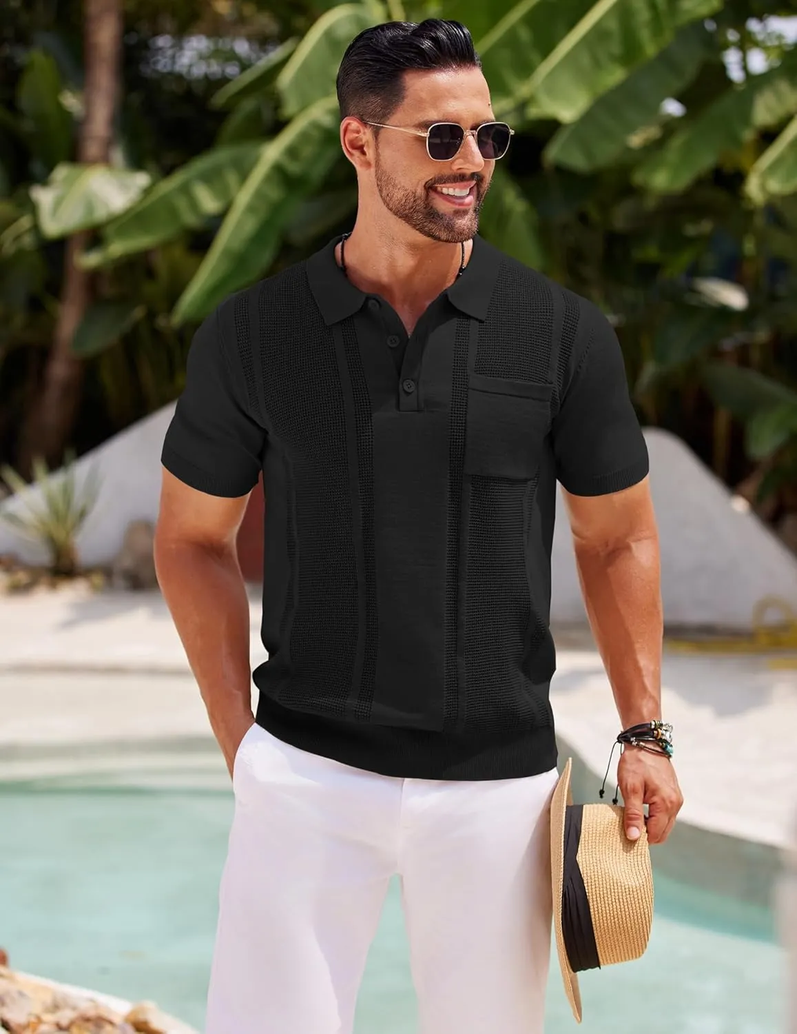 COOFANDY Knit Polo Shirts for Men Short Sleeve Textured Polo Shirt Slim Fit Summer Collared T Shirt with Pocket