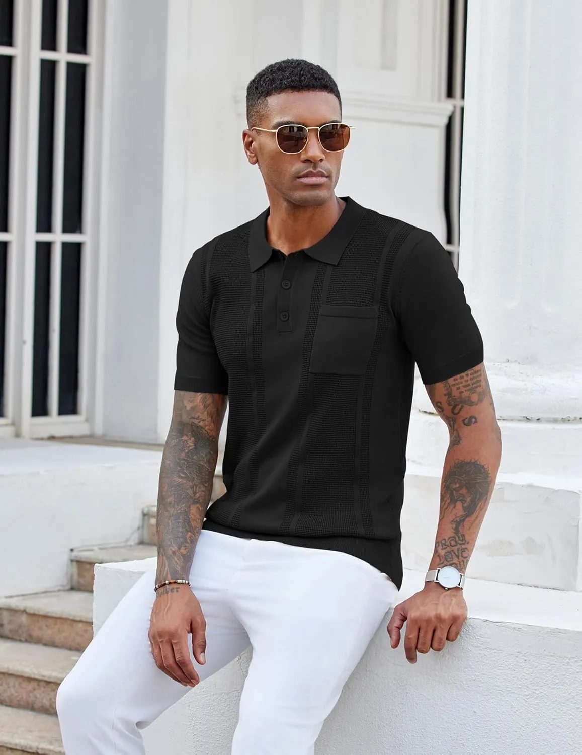 COOFANDY Knit Polo Shirts for Men Short Sleeve Textured Polo Shirt Slim Fit Summer Collared T Shirt with Pocket