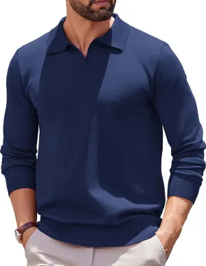 COOFANDY Long Sleeve Polo Shirts for Men Knit Polo Sweater Lightweight Ribbed Pullover Sweater