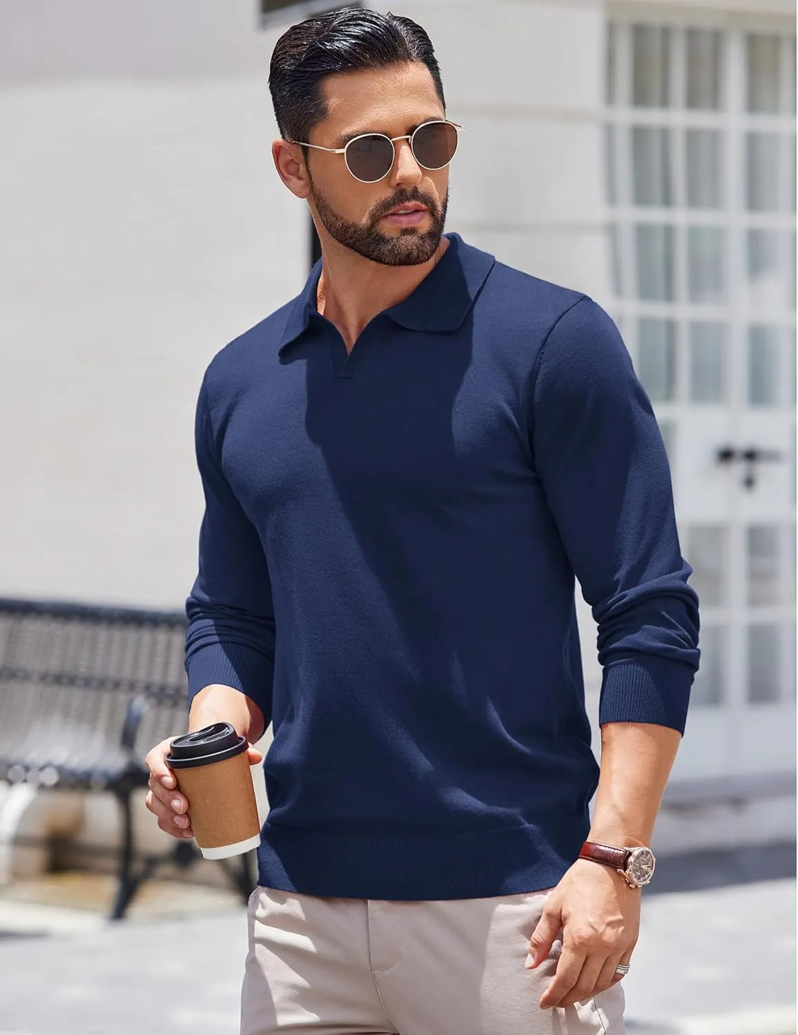 COOFANDY Long Sleeve Polo Shirts for Men Knit Polo Sweater Lightweight Ribbed Pullover Sweater