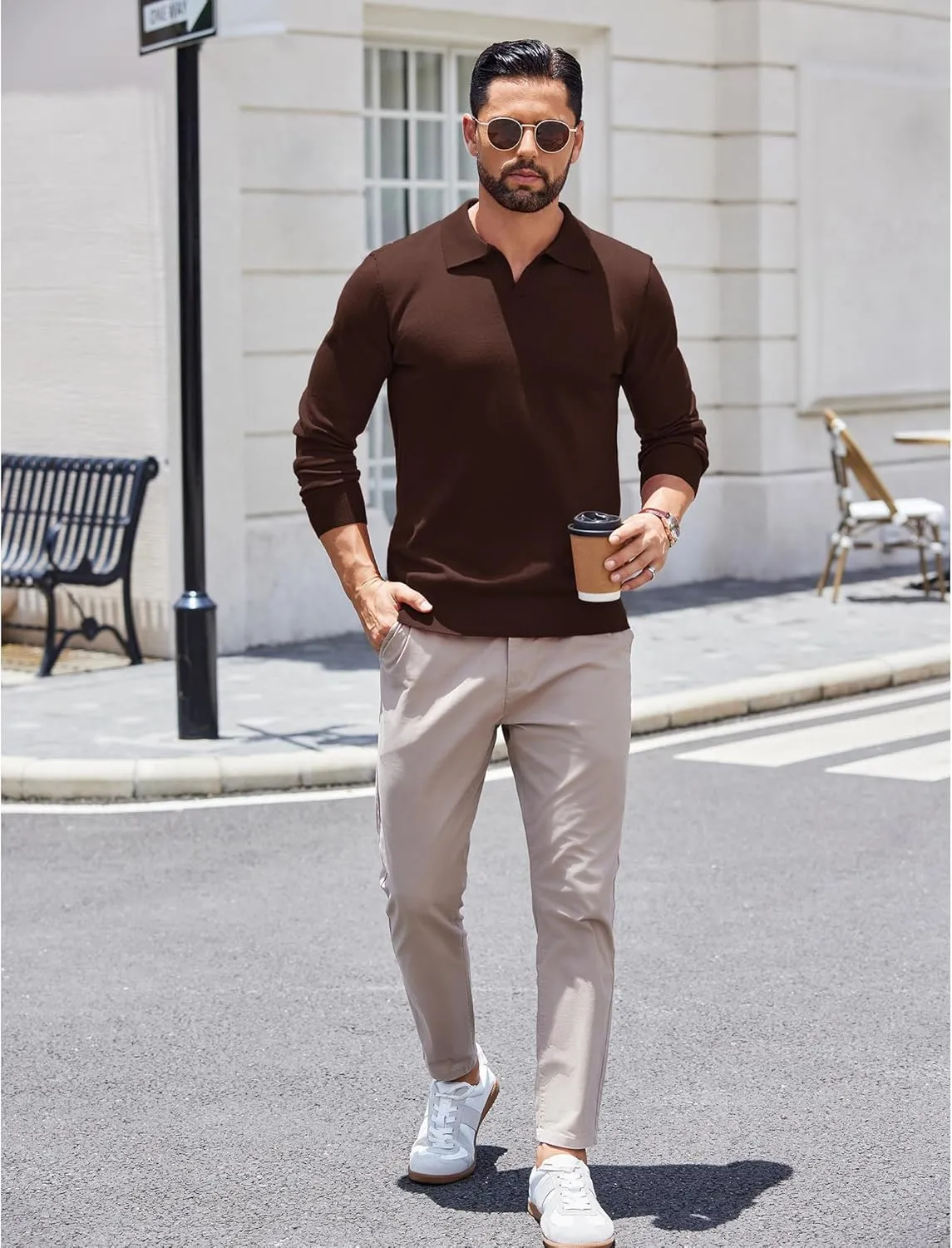 COOFANDY Long Sleeve Polo Shirts for Men Knit Polo Sweater Lightweight Ribbed Pullover Sweater