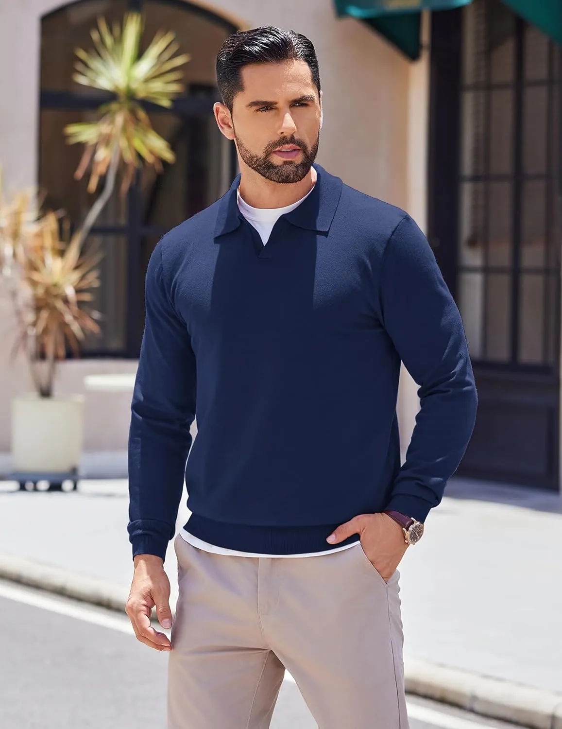 COOFANDY Long Sleeve Polo Shirts for Men Knit Polo Sweater Lightweight Ribbed Pullover Sweater