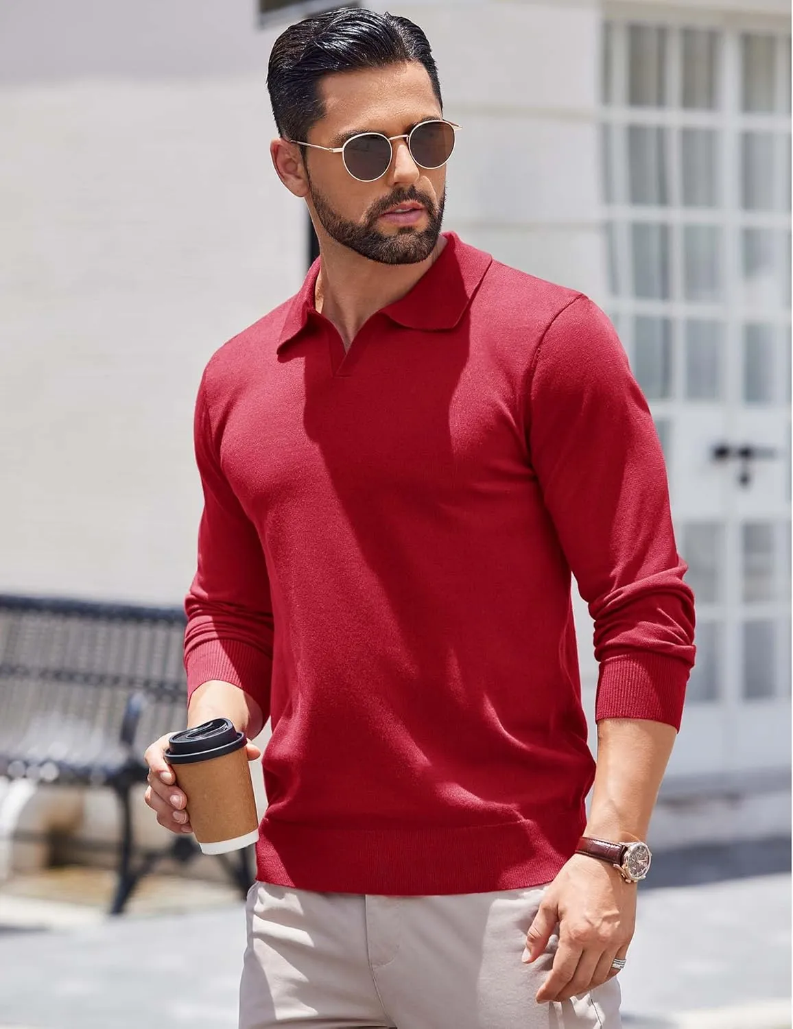 COOFANDY Long Sleeve Polo Shirts for Men Knit Polo Sweater Lightweight Ribbed Pullover Sweater