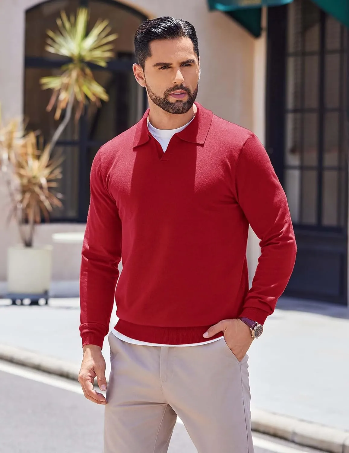 COOFANDY Long Sleeve Polo Shirts for Men Knit Polo Sweater Lightweight Ribbed Pullover Sweater