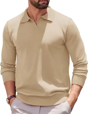 COOFANDY Long Sleeve Polo Shirts for Men Knit Polo Sweater Lightweight Ribbed Pullover Sweater
