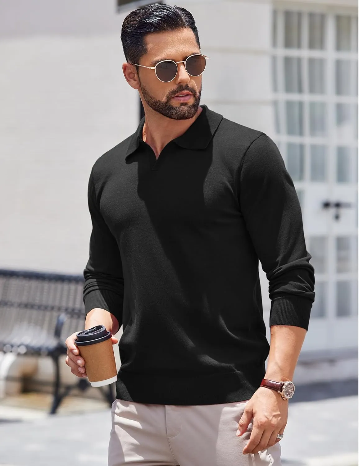 COOFANDY Long Sleeve Polo Shirts for Men Knit Polo Sweater Lightweight Ribbed Pullover Sweater