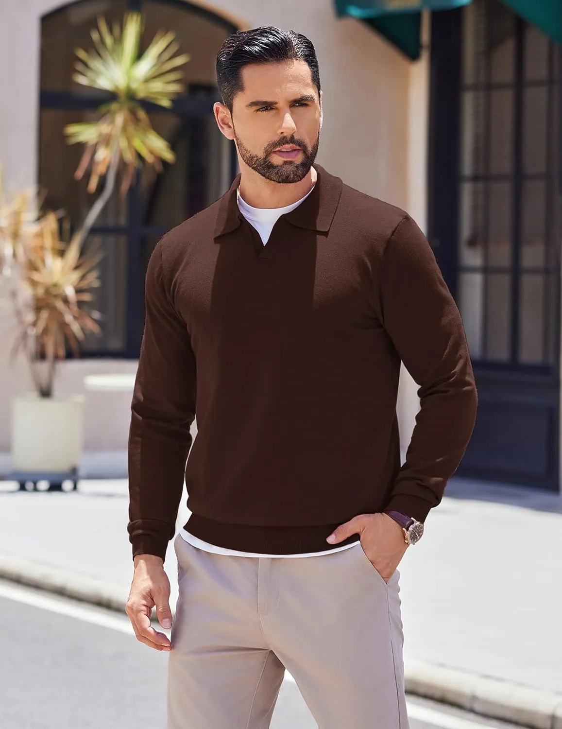 COOFANDY Long Sleeve Polo Shirts for Men Knit Polo Sweater Lightweight Ribbed Pullover Sweater