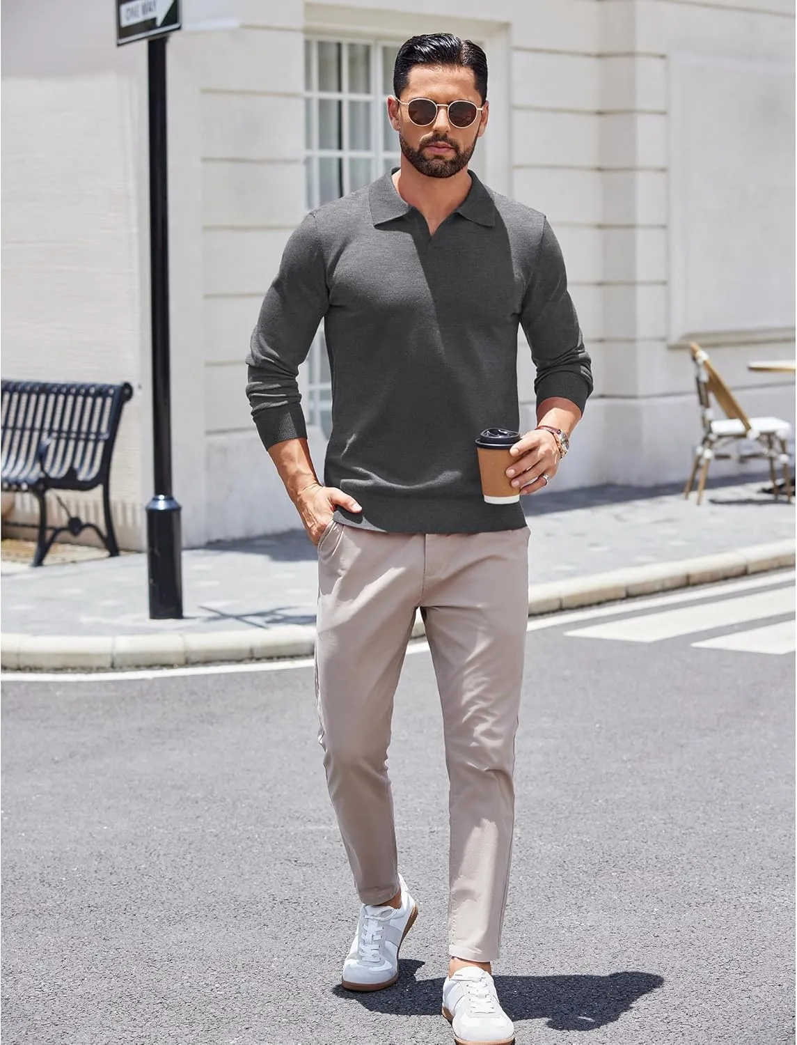 COOFANDY Long Sleeve Polo Shirts for Men Knit Polo Sweater Lightweight Ribbed Pullover Sweater