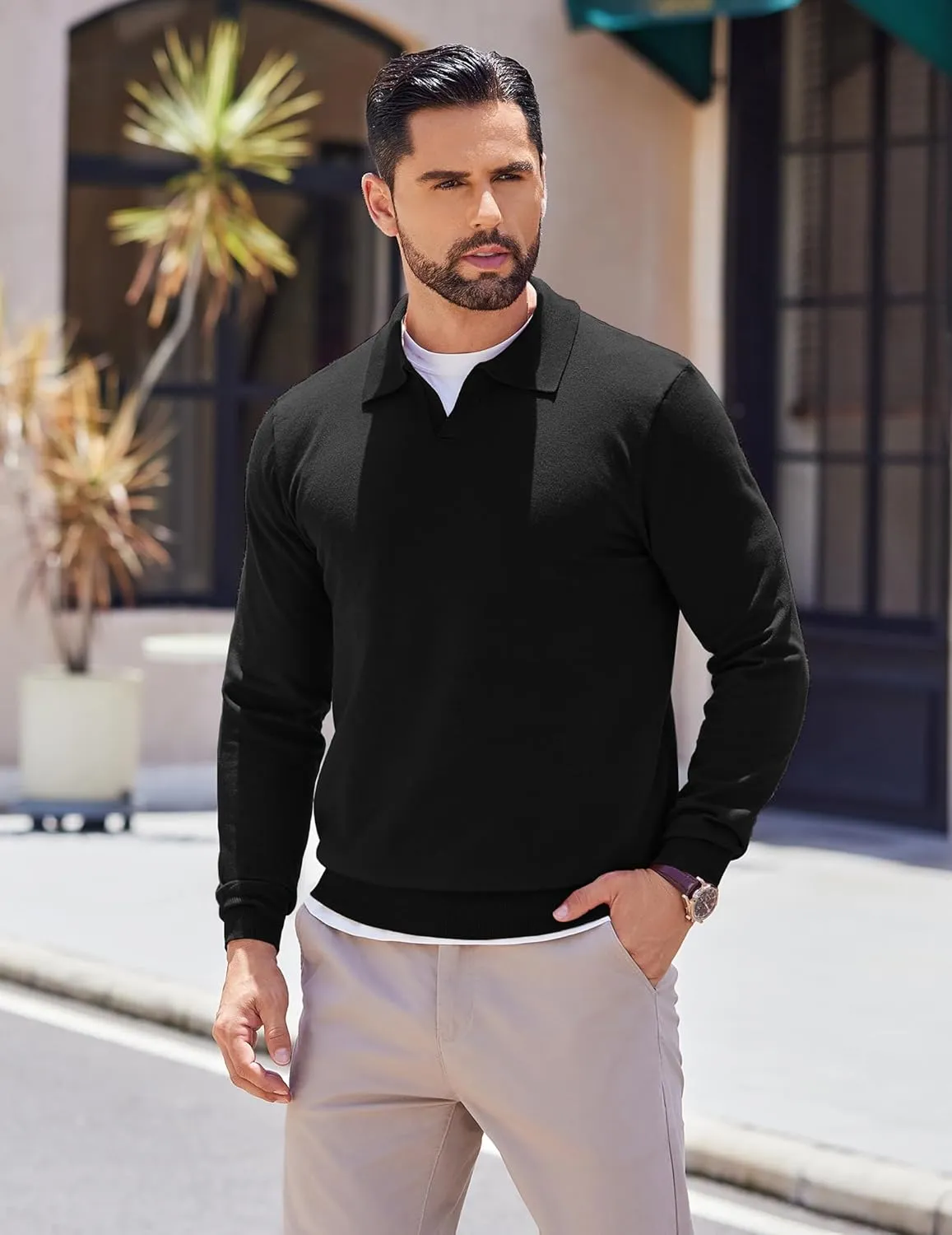 COOFANDY Long Sleeve Polo Shirts for Men Knit Polo Sweater Lightweight Ribbed Pullover Sweater