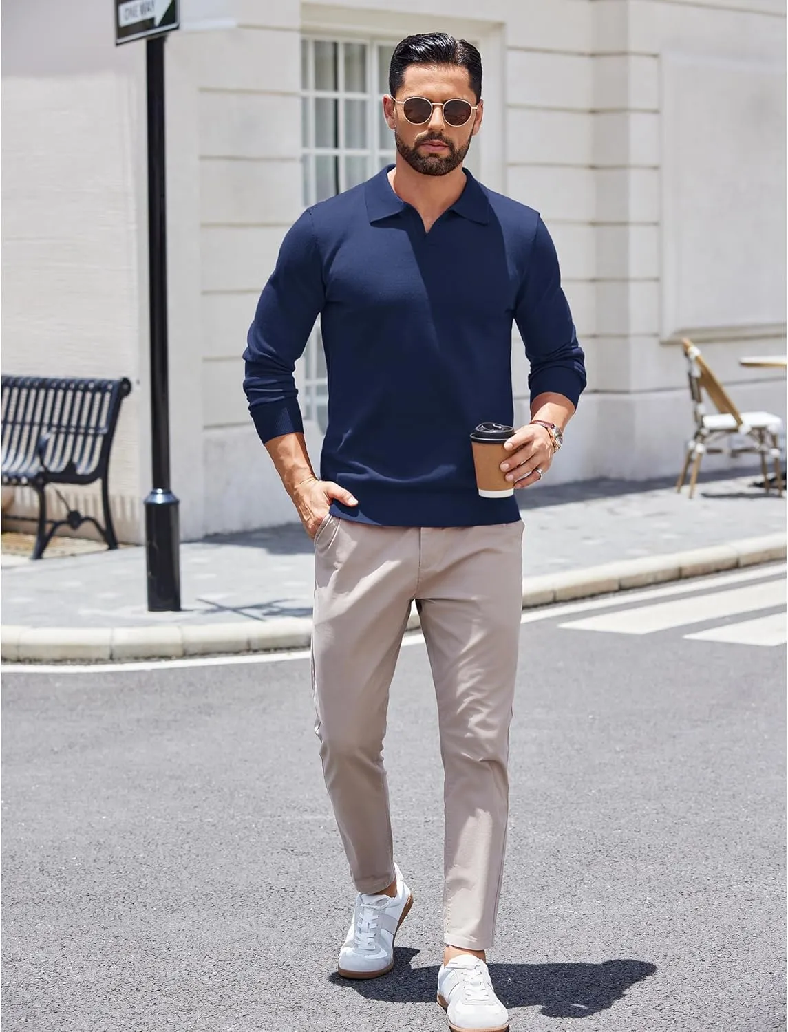 COOFANDY Long Sleeve Polo Shirts for Men Knit Polo Sweater Lightweight Ribbed Pullover Sweater