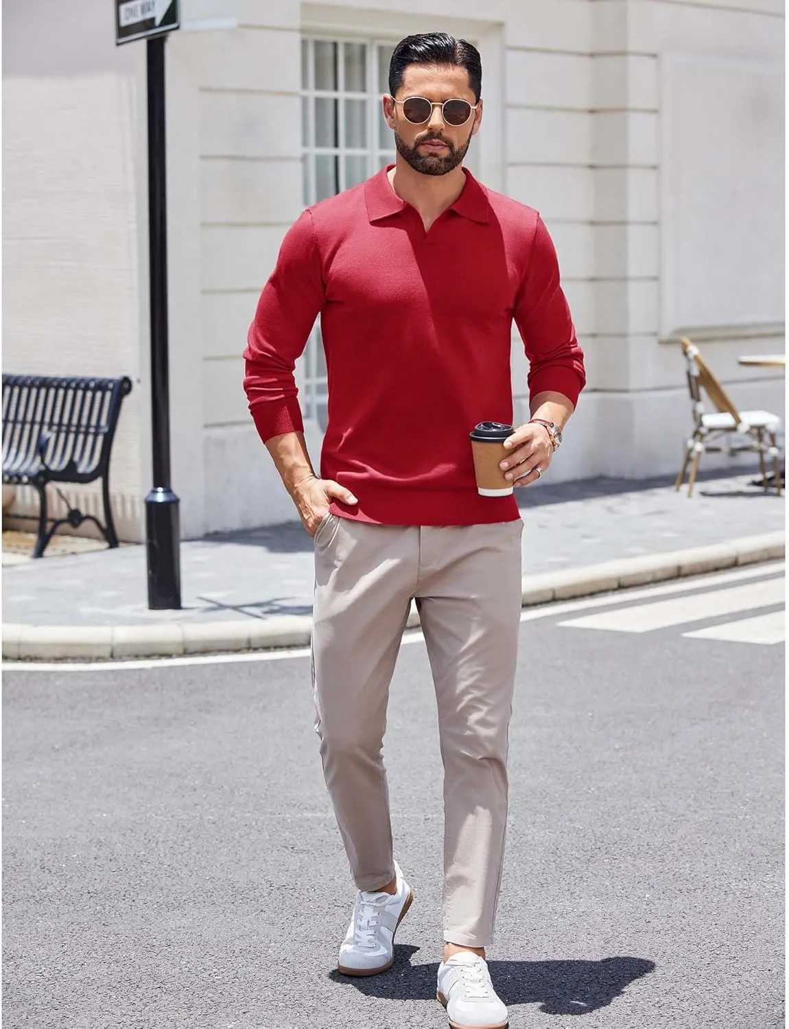COOFANDY Long Sleeve Polo Shirts for Men Knit Polo Sweater Lightweight Ribbed Pullover Sweater