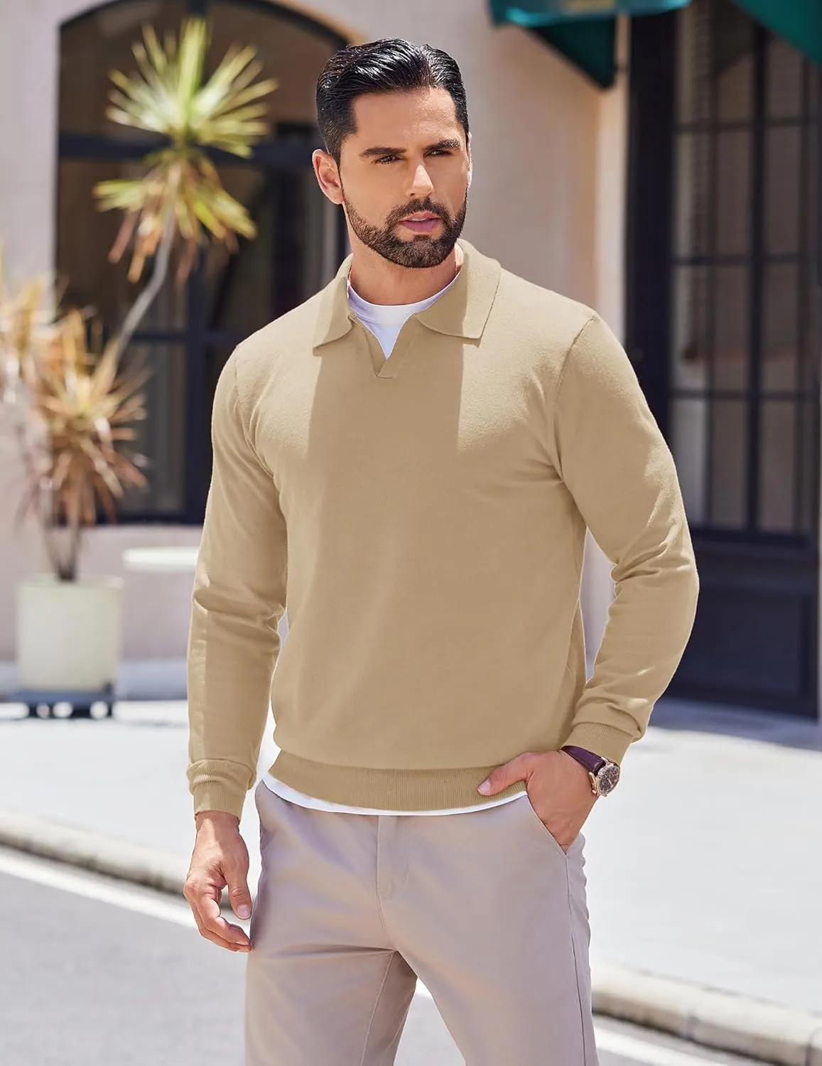 COOFANDY Long Sleeve Polo Shirts for Men Knit Polo Sweater Lightweight Ribbed Pullover Sweater