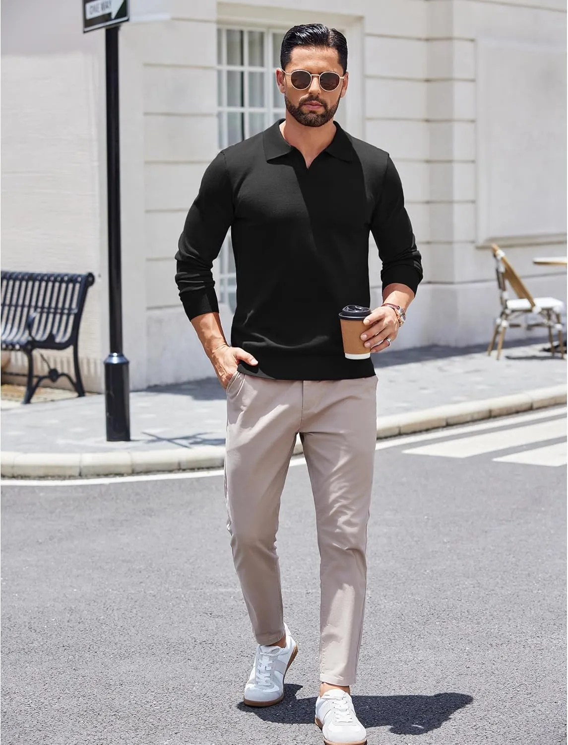 COOFANDY Long Sleeve Polo Shirts for Men Knit Polo Sweater Lightweight Ribbed Pullover Sweater