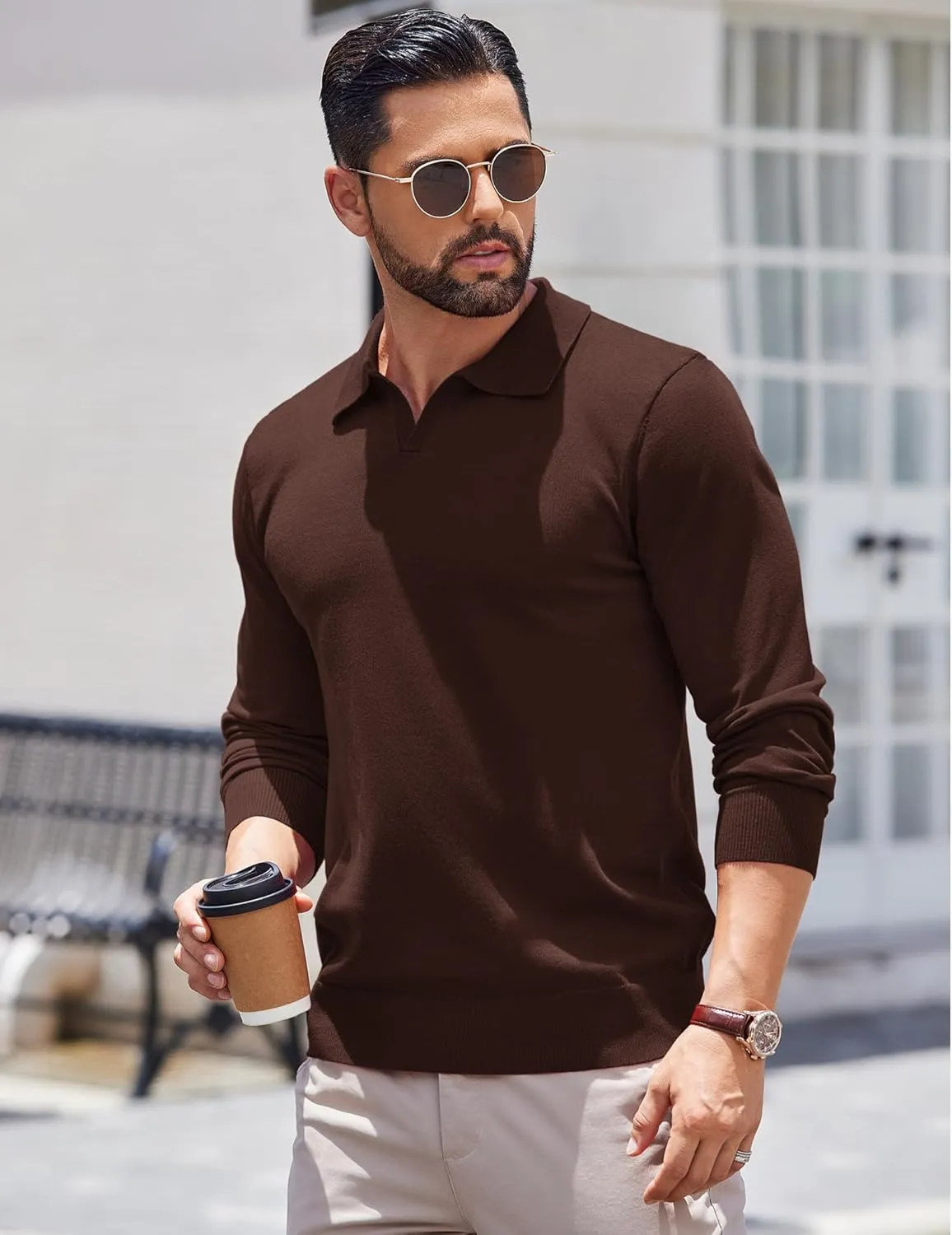 COOFANDY Long Sleeve Polo Shirts for Men Knit Polo Sweater Lightweight Ribbed Pullover Sweater