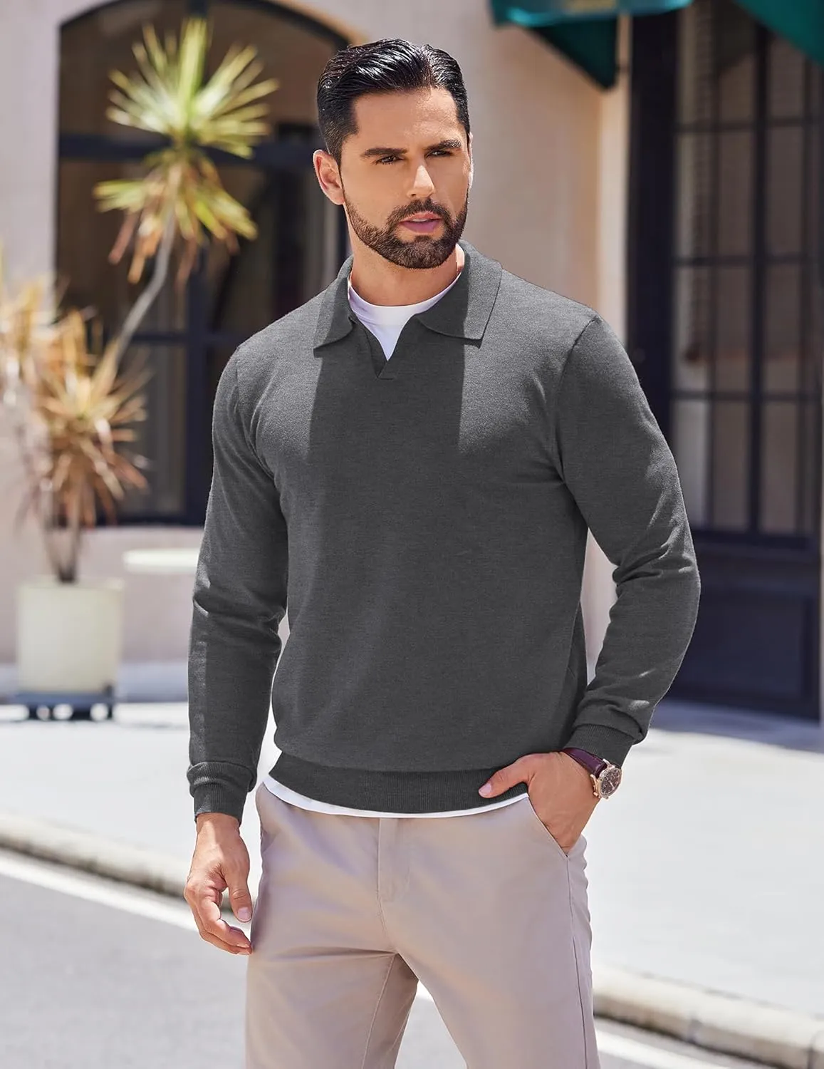 COOFANDY Long Sleeve Polo Shirts for Men Knit Polo Sweater Lightweight Ribbed Pullover Sweater