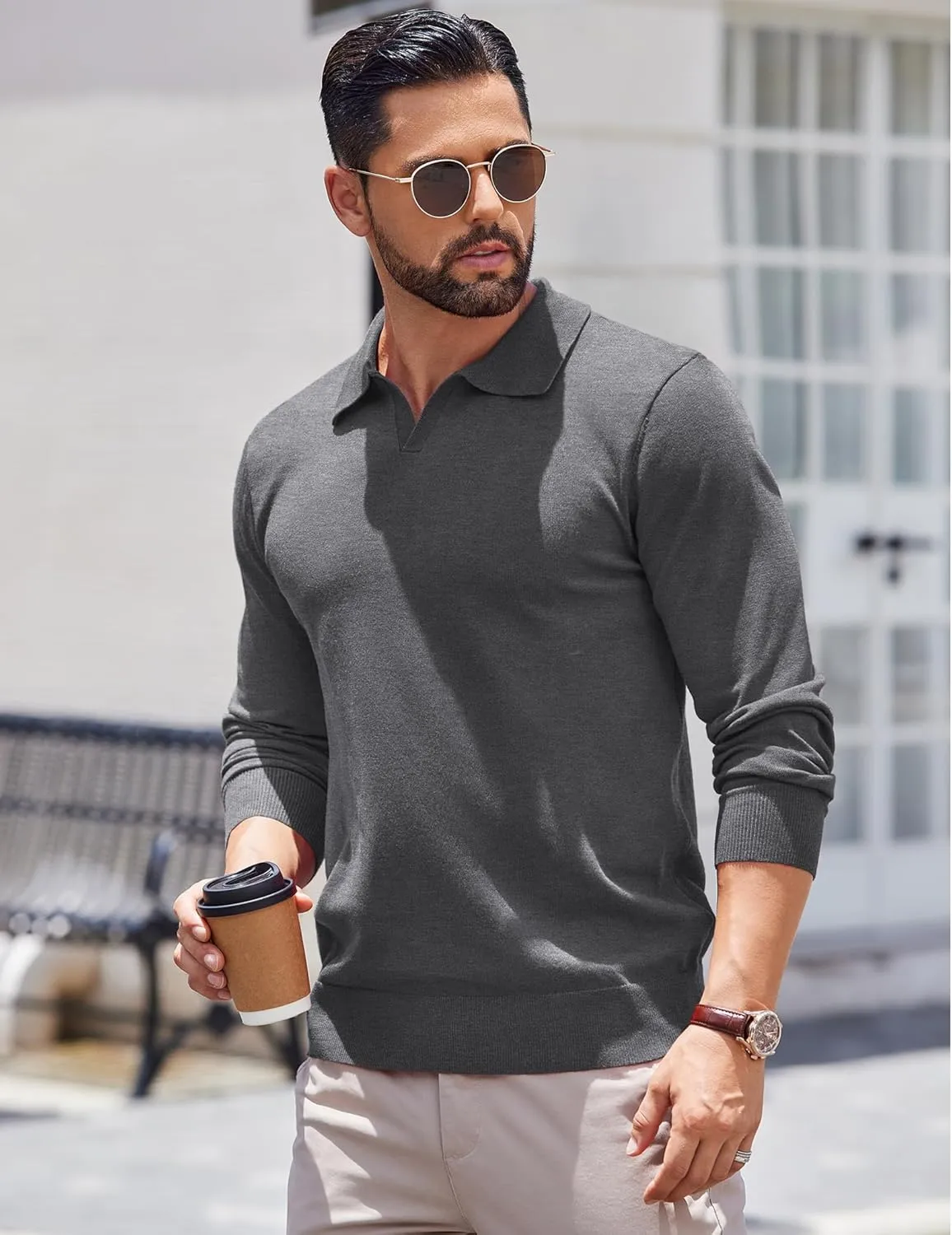 COOFANDY Long Sleeve Polo Shirts for Men Knit Polo Sweater Lightweight Ribbed Pullover Sweater