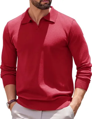 COOFANDY Long Sleeve Polo Shirts for Men Knit Polo Sweater Lightweight Ribbed Pullover Sweater