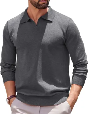 COOFANDY Long Sleeve Polo Shirts for Men Knit Polo Sweater Lightweight Ribbed Pullover Sweater