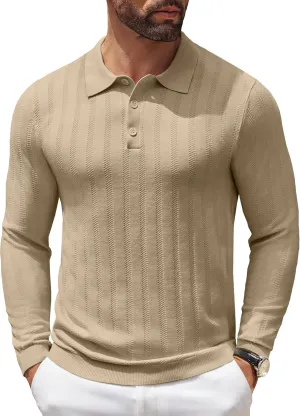 COOFANDY Men's Knit Polo Shirt Casual Long Sleeve Polo Sweater Dress Collar Polo Classic Golf Shirts