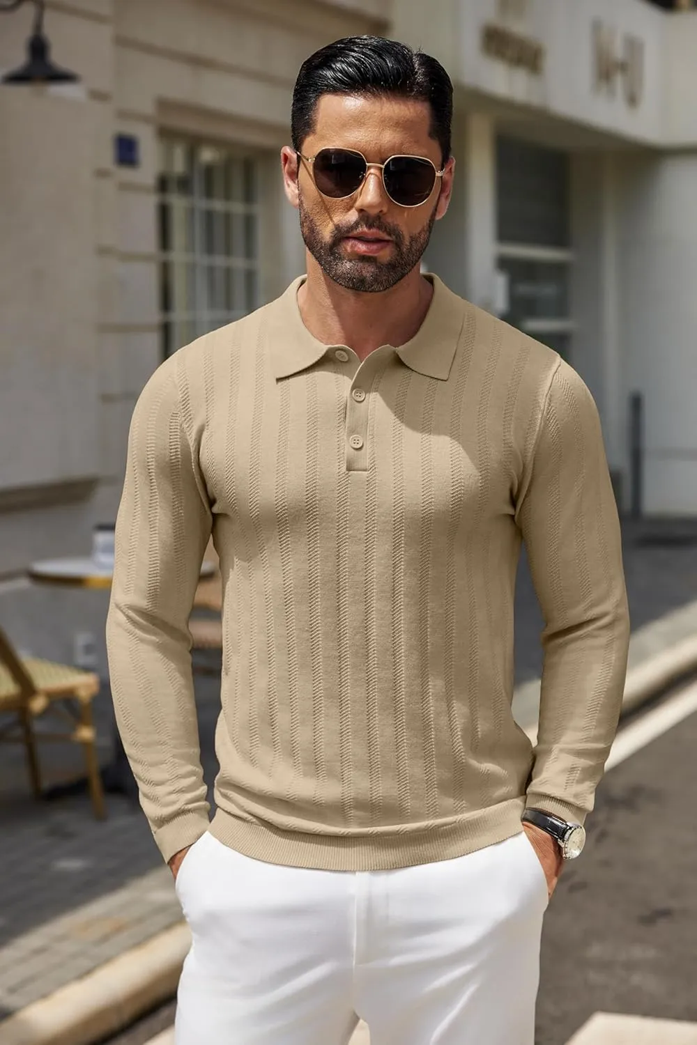 COOFANDY Men's Knit Polo Shirt Casual Long Sleeve Polo Sweater Dress Collar Polo Classic Golf Shirts