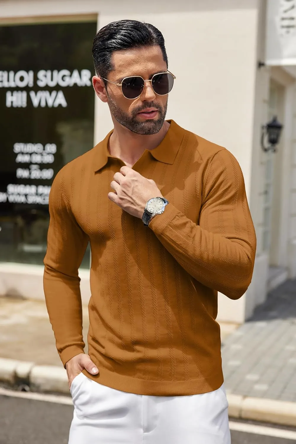 COOFANDY Men's Knit Polo Shirt Casual Long Sleeve Polo Sweater Dress Collar Polo Classic Golf Shirts