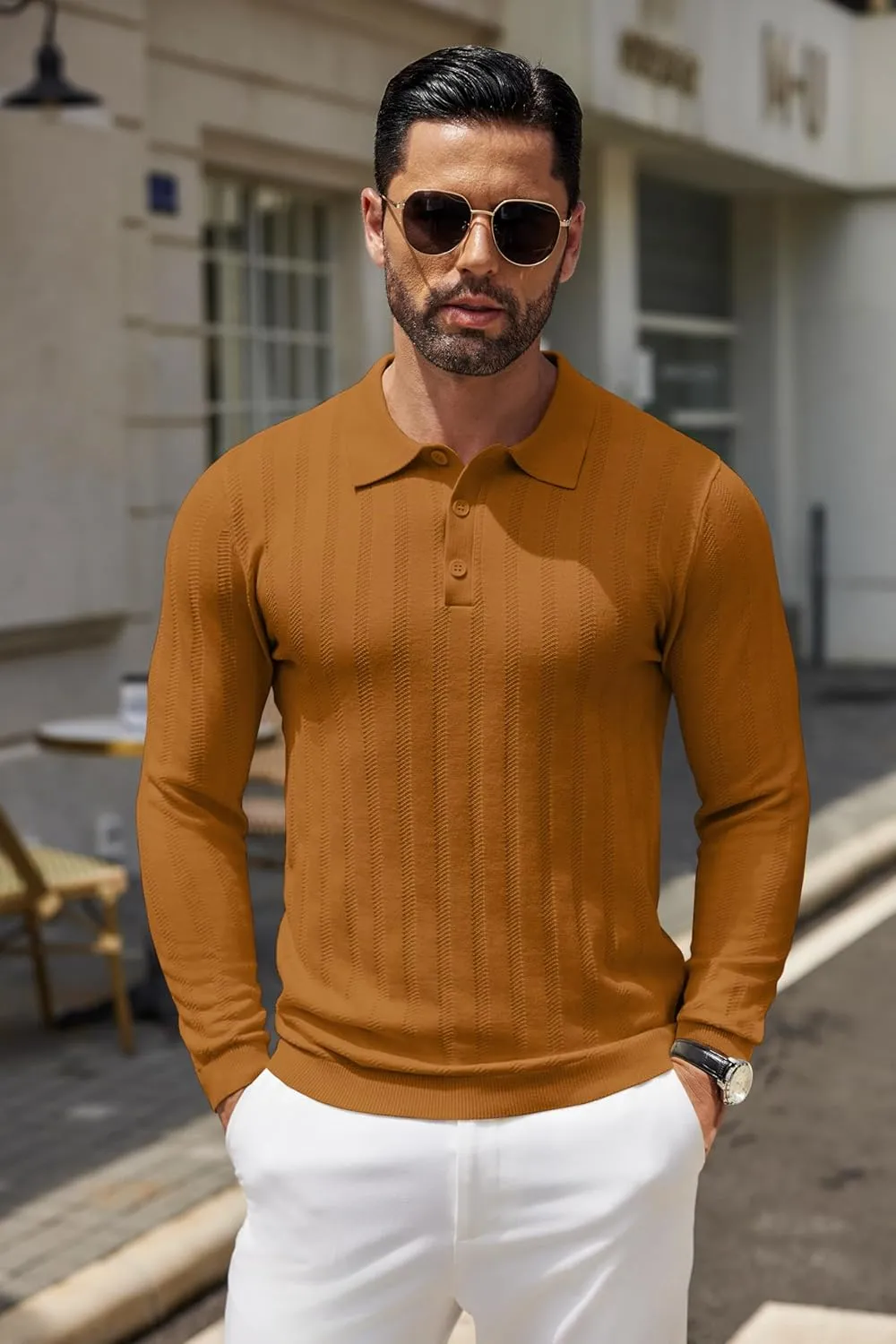 COOFANDY Men's Knit Polo Shirt Casual Long Sleeve Polo Sweater Dress Collar Polo Classic Golf Shirts