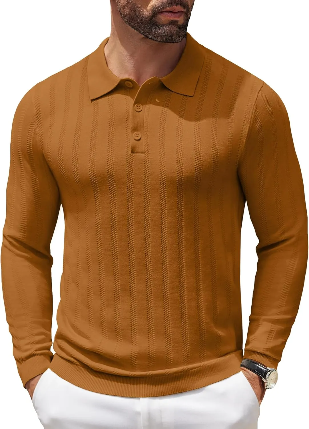 COOFANDY Men's Knit Polo Shirt Casual Long Sleeve Polo Sweater Dress Collar Polo Classic Golf Shirts