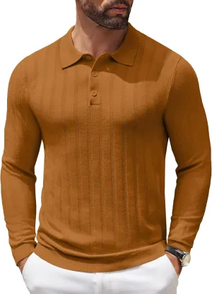 COOFANDY Men's Knit Polo Shirt Casual Long Sleeve Polo Sweater Dress Collar Polo Classic Golf Shirts