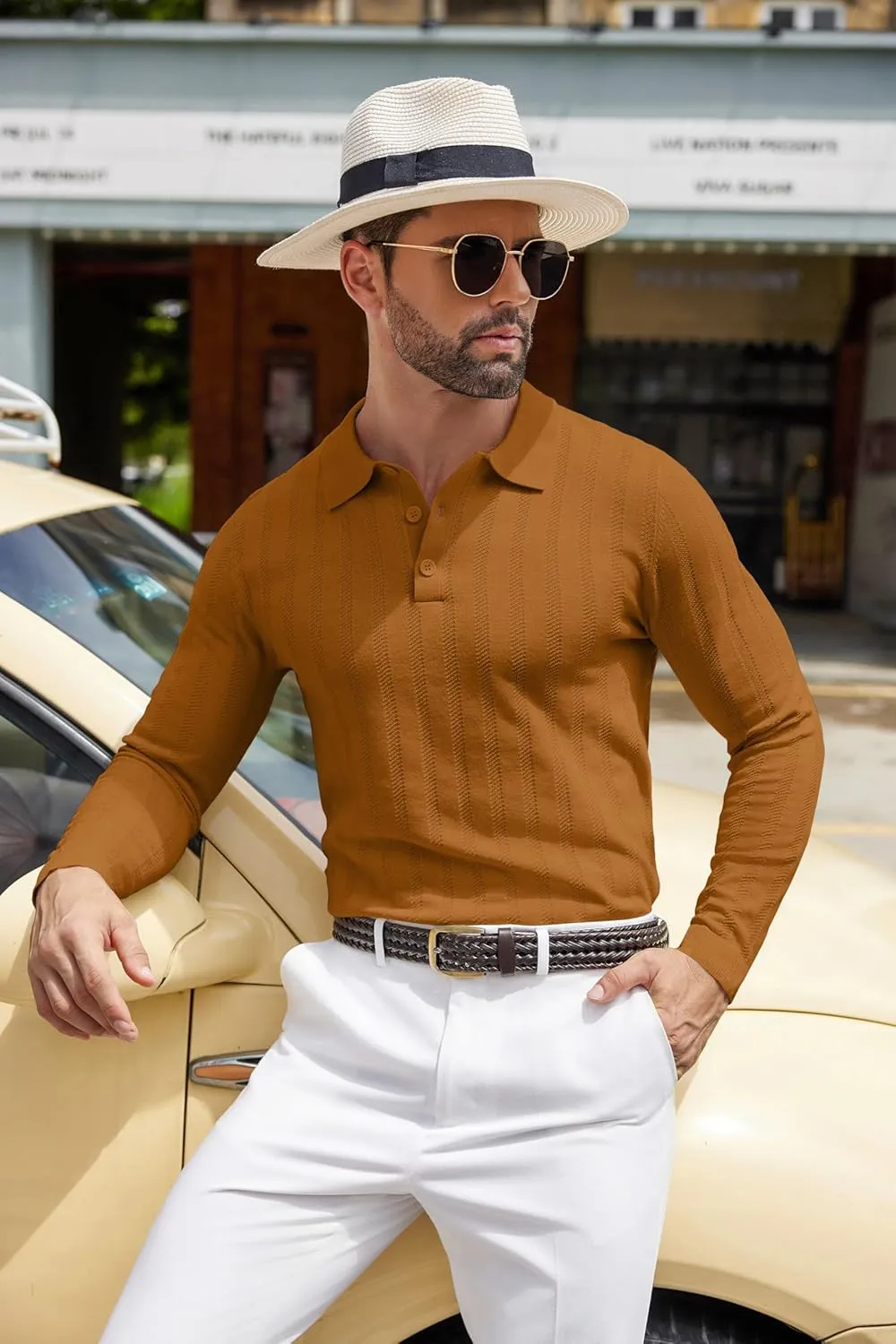 COOFANDY Men's Knit Polo Shirt Casual Long Sleeve Polo Sweater Dress Collar Polo Classic Golf Shirts