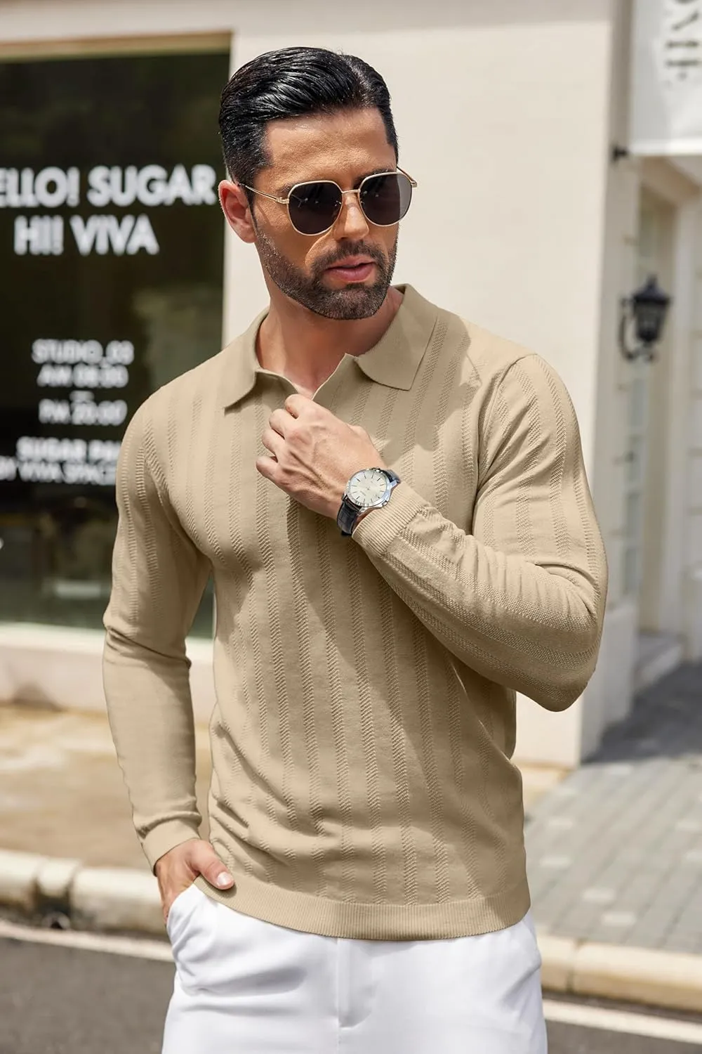 COOFANDY Men's Knit Polo Shirt Casual Long Sleeve Polo Sweater Dress Collar Polo Classic Golf Shirts