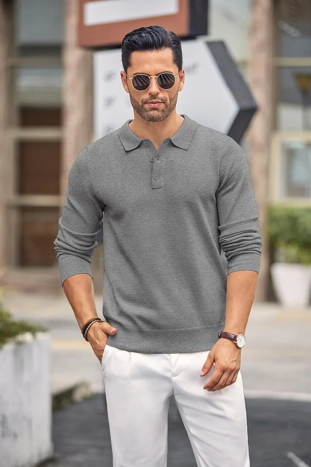 COOFANDY Mens Knit Polo Shirts Casual Long Sleeve Classic Polo Shirts Button Down Golf Shirts