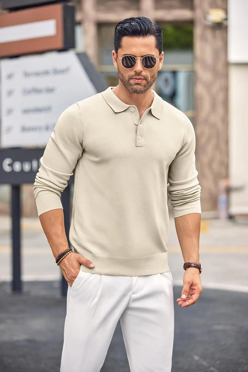 COOFANDY Mens Knit Polo Shirts Casual Long Sleeve Classic Polo Shirts Button Down Golf Shirts