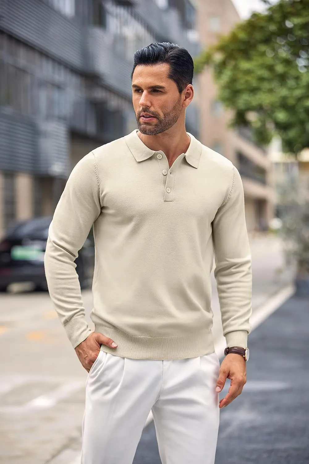 COOFANDY Mens Knit Polo Shirts Casual Long Sleeve Classic Polo Shirts Button Down Golf Shirts