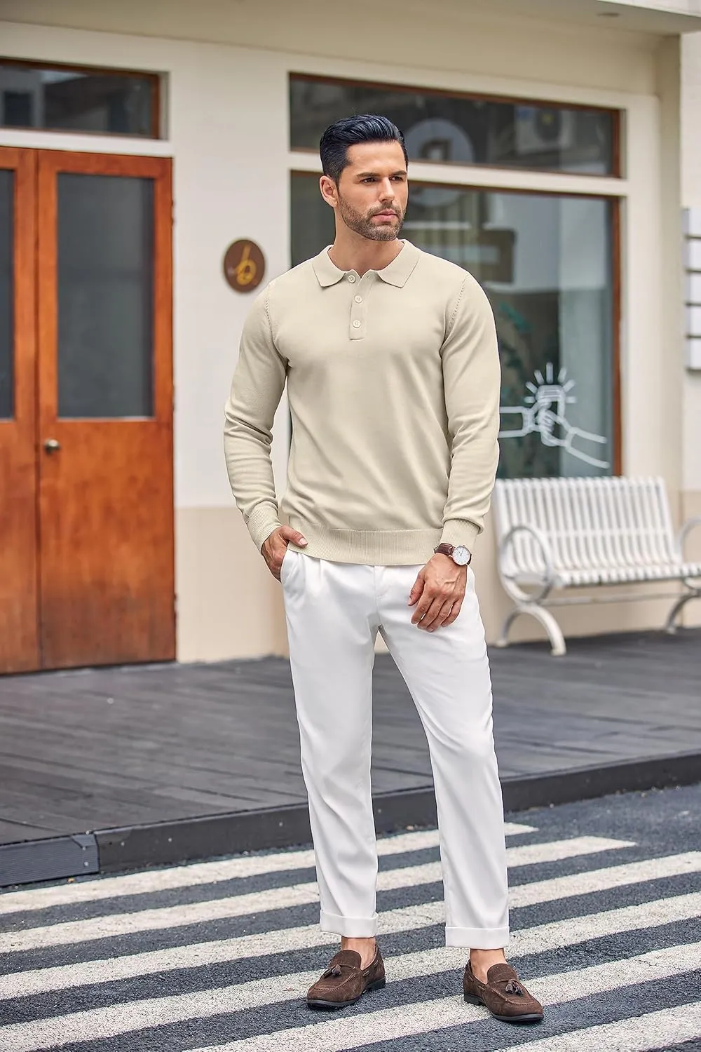 COOFANDY Mens Knit Polo Shirts Casual Long Sleeve Classic Polo Shirts Button Down Golf Shirts