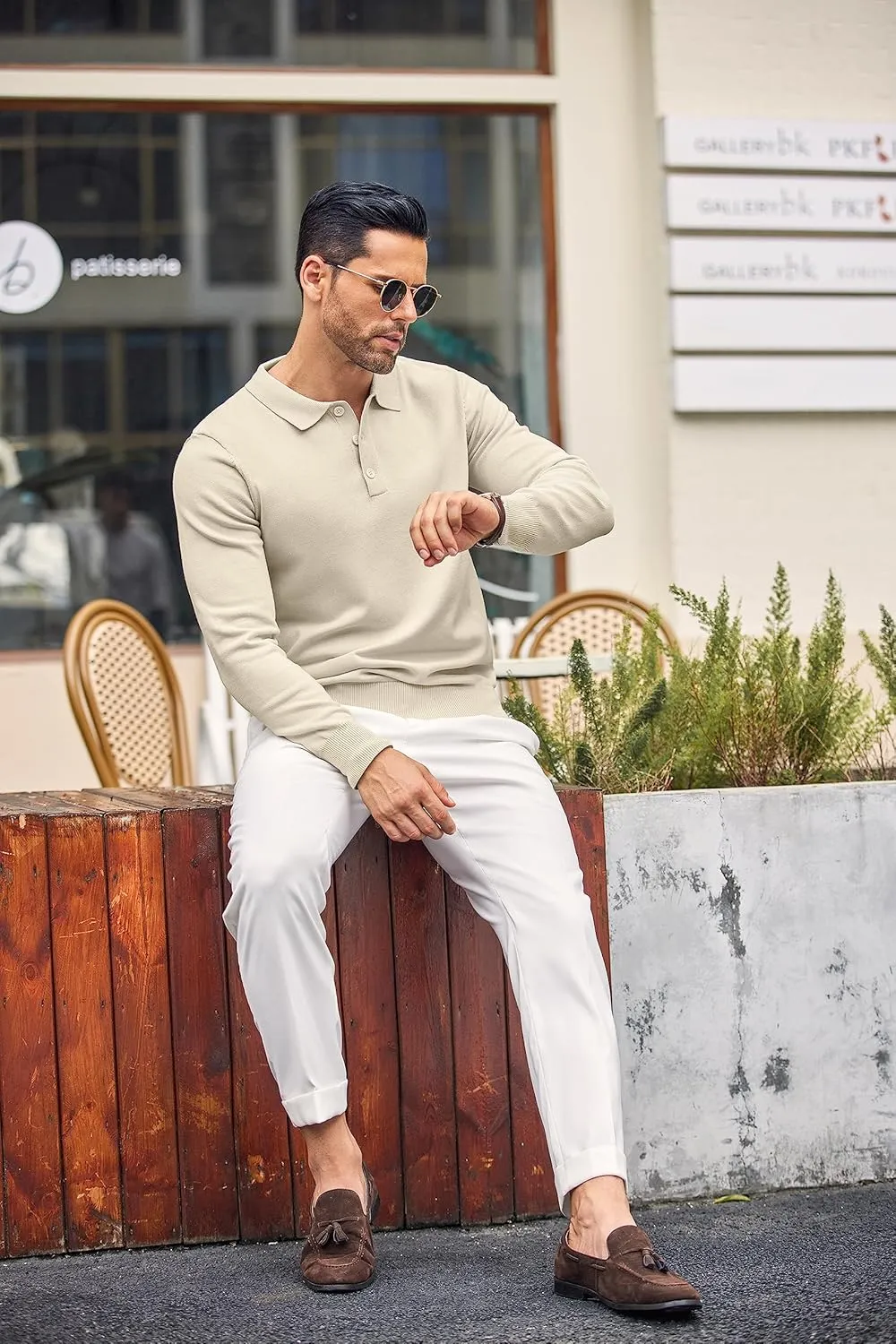 COOFANDY Mens Knit Polo Shirts Casual Long Sleeve Classic Polo Shirts Button Down Golf Shirts