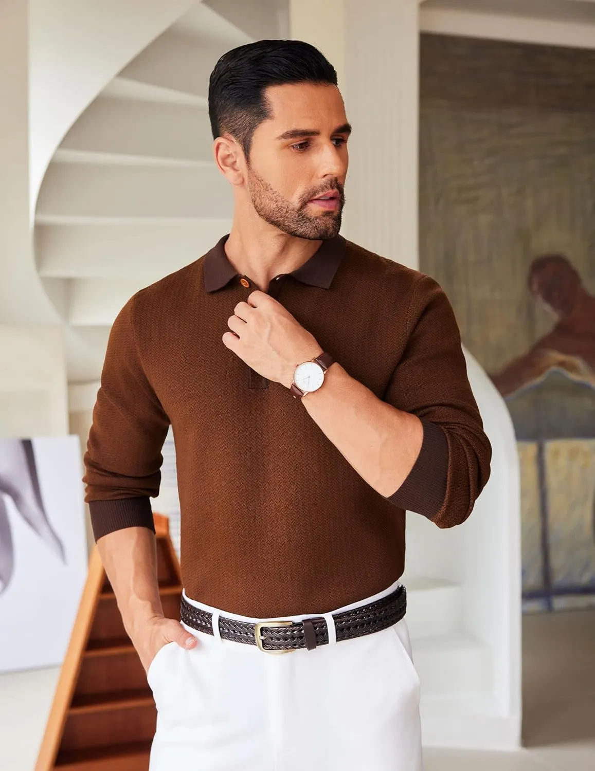 COOFANDY Mens Knit Polo Shirts Casual Long Sleeve Classic Polo Shirts Button Down Golf Shirts
