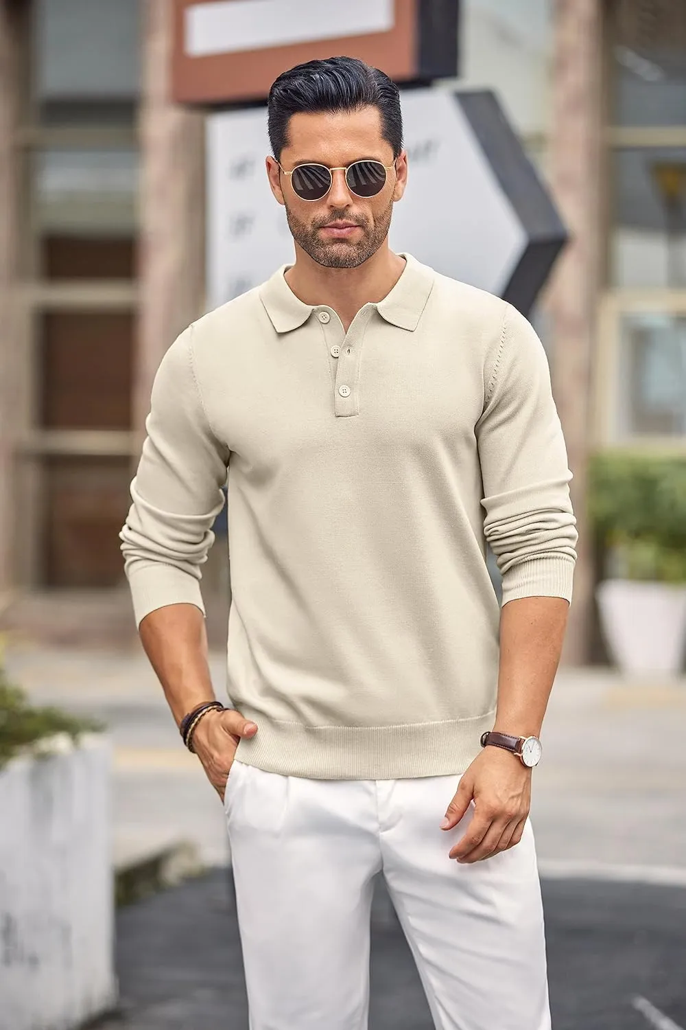 COOFANDY Mens Knit Polo Shirts Casual Long Sleeve Classic Polo Shirts Button Down Golf Shirts